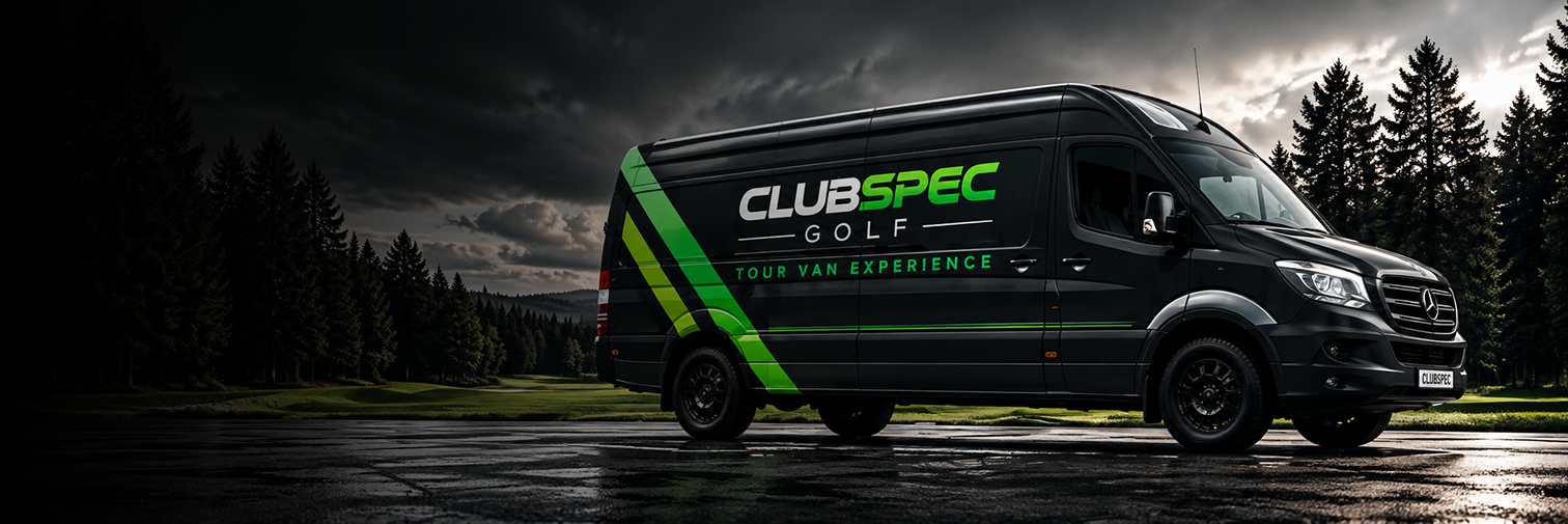 The ClubSpec Golf tour van parked beside a fairway